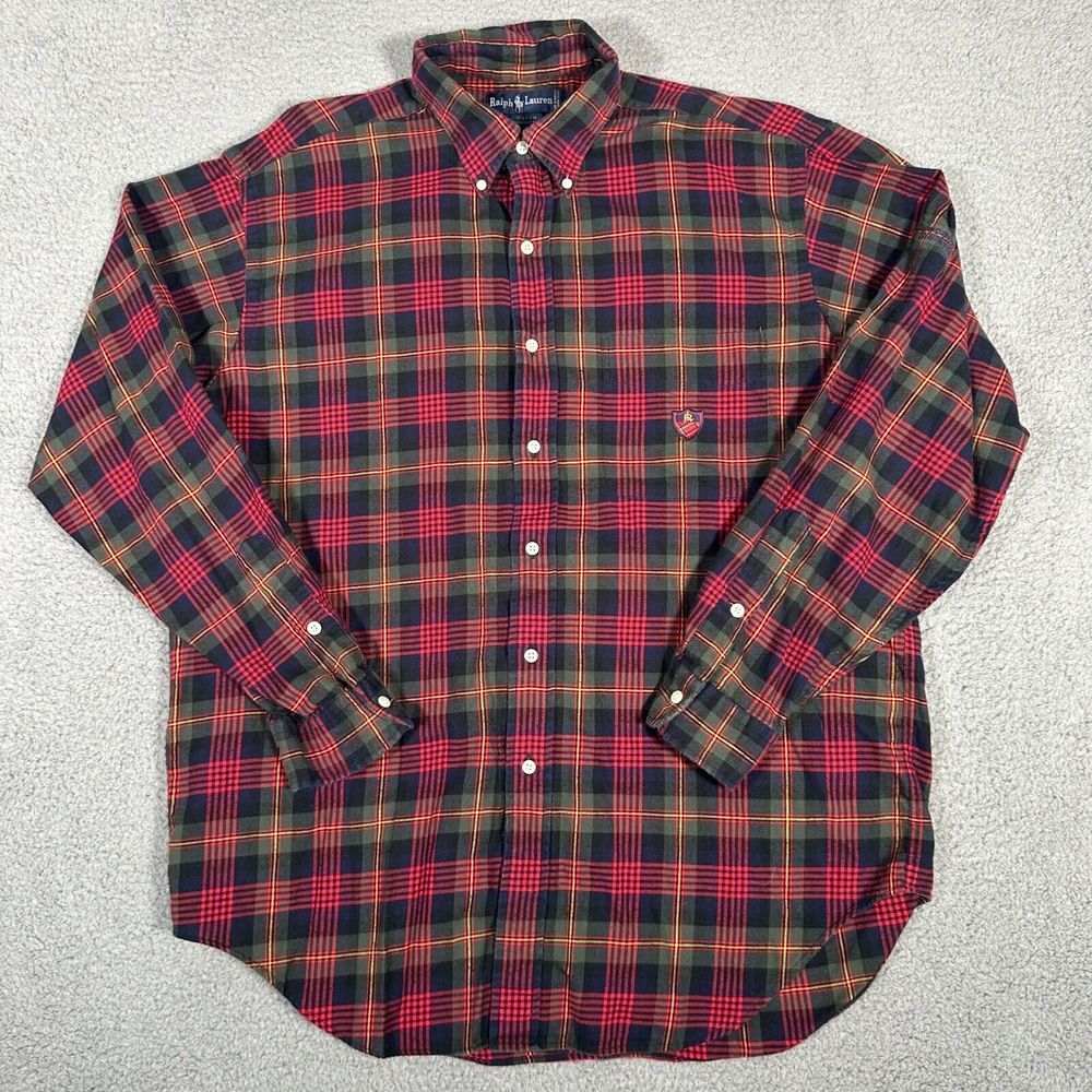 Polo Ralph Lauren Shirt Mens Large‎ Red Green Plaid Tilden Flannel Button Down